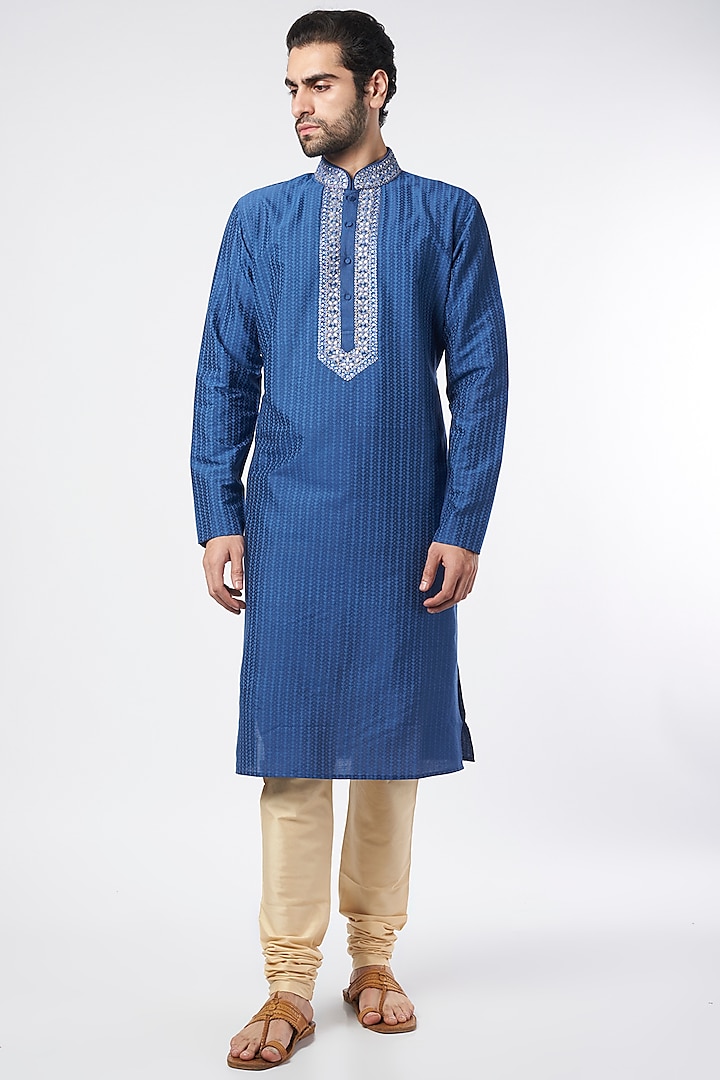 Cobalt Blue Block Printed Kurta Set by Krishna Mehta Men