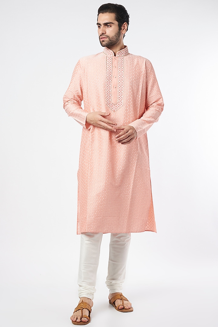 Peach Block Printed Kurta Set by Krishna Mehta Men