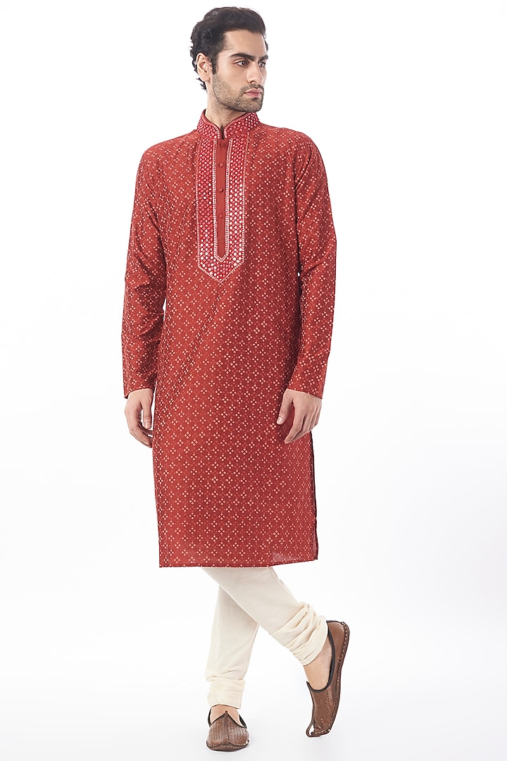 Maroon Block Printed Kurta Set by Krishna Mehta Men