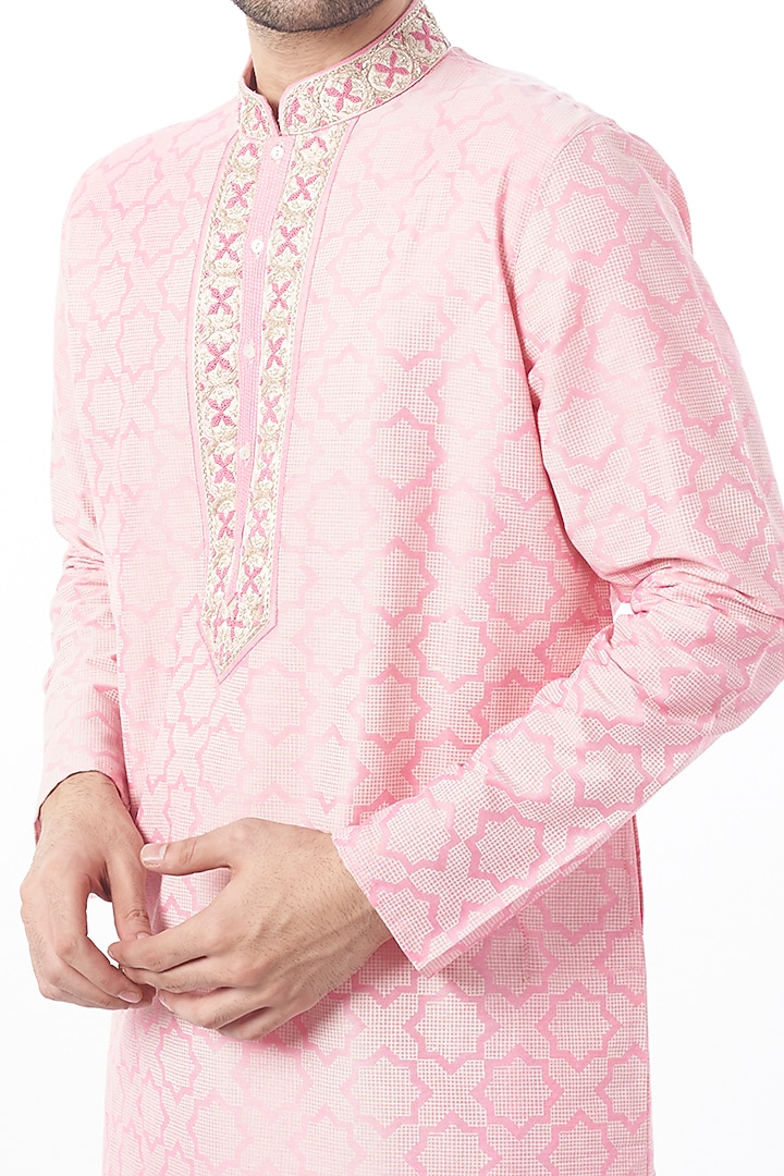 Blush Pink Viscose Cotton Mirror Embroidered Kurta Set by Krishna Mehta Men at Pernia's Pop Up Shop