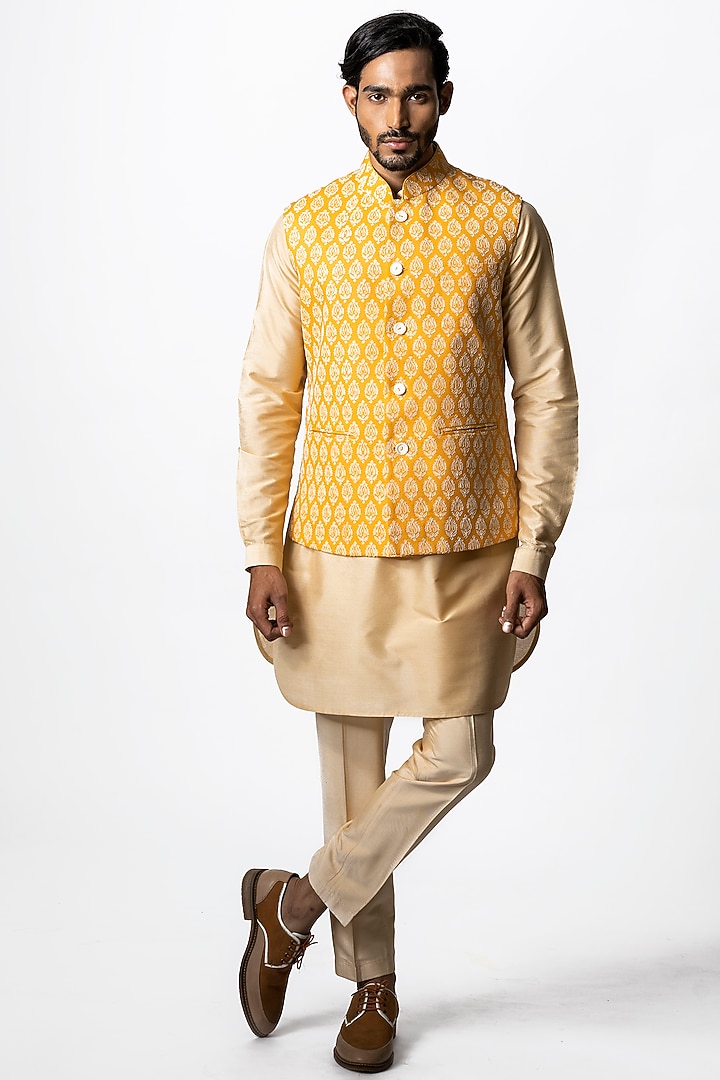 Pale Orange Tussar Block Printed Nehru Jacket by Krishna Mehta Men at Pernia's Pop Up Shop