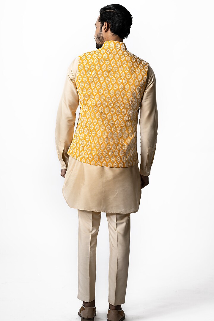Pale Orange Tussar Block Printed Nehru Jacket by Krishna Mehta Men at Pernia's Pop Up Shop