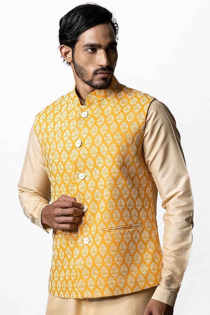 Pale Orange Tussar Block Printed Nehru Jacket by Krishna Mehta Men at Pernia's Pop Up Shop