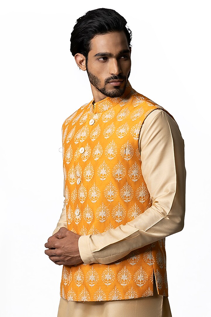 Orange Tussar Embroidered & Block Printed Bundi Jacket by Krishna Mehta Men at Pernia's Pop Up Shop
