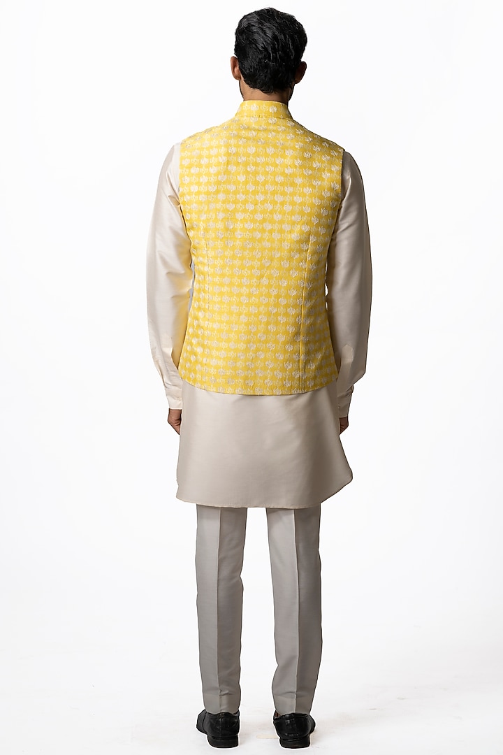 Bright Yellow Tussar Embroidered & Block Printed Bundi Jacket by Krishna Mehta Men at Pernia's Pop Up Shop
