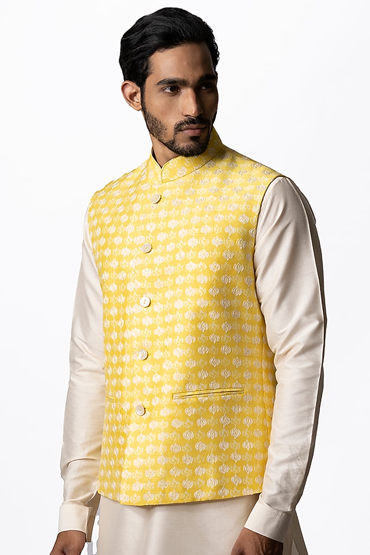 Bright Yellow Tussar Embroidered & Block Printed Bundi Jacket by Krishna Mehta Men at Pernia's Pop Up Shop