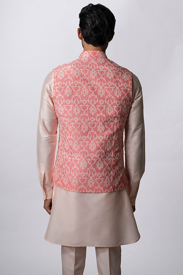Persian Pink Tussar Print & Embroidered Bundi Jacket by Krishna Mehta Men at Pernia's Pop Up Shop