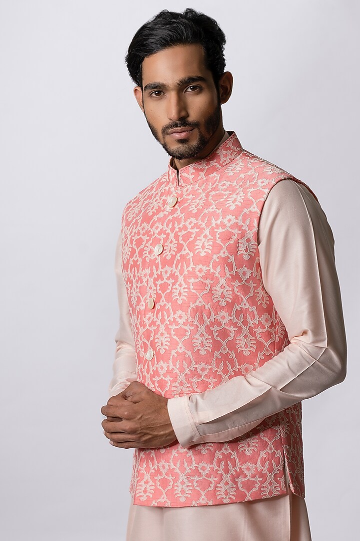 Persian Pink Tussar Print & Embroidered Bundi Jacket by Krishna Mehta Men at Pernia's Pop Up Shop