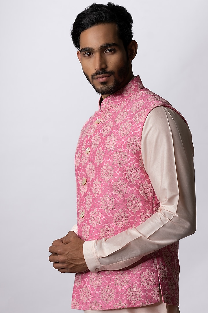 Bright Pink Tussar Printed & Embroidered Bundi Jacket by Krishna Mehta Men at Pernia's Pop Up Shop