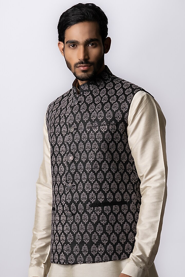 Black Tussar Printed & Embroidered Bundi Jacket by Krishna Mehta Men at Pernia's Pop Up Shop