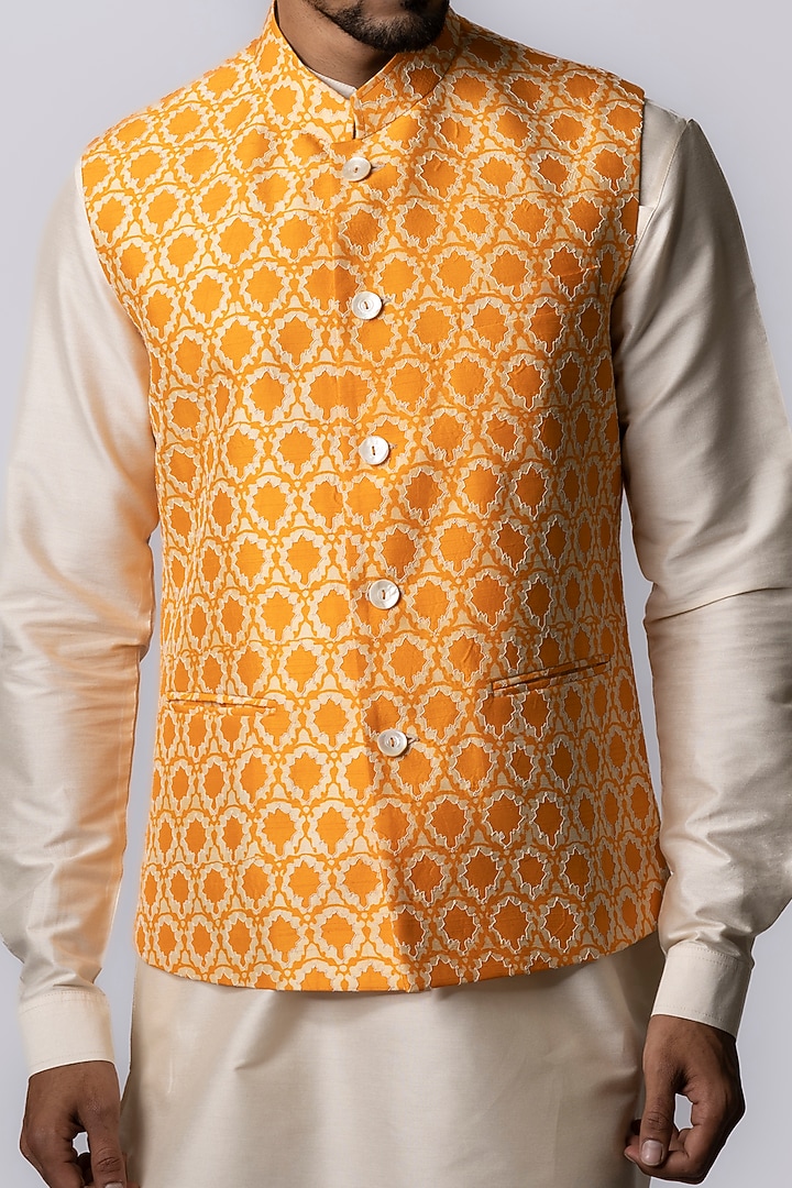 Bright Orange Tussar Block Printed Bundi Jacket by Krishna Mehta Men at Pernia's Pop Up Shop