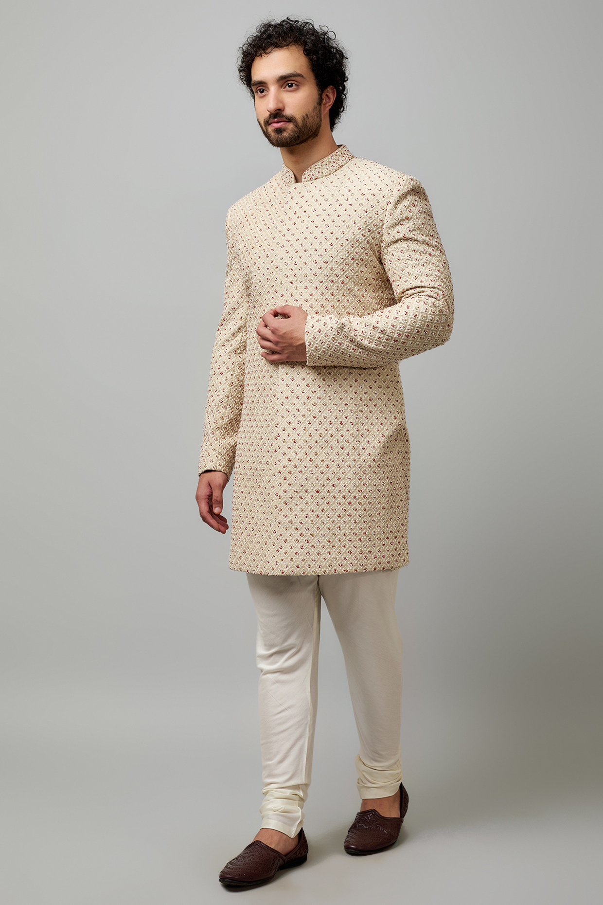 Beige Cotton Viscose Embroidered Groom Sherwani Set by Krishna Mehta Men at Pernia's Pop Up Shop