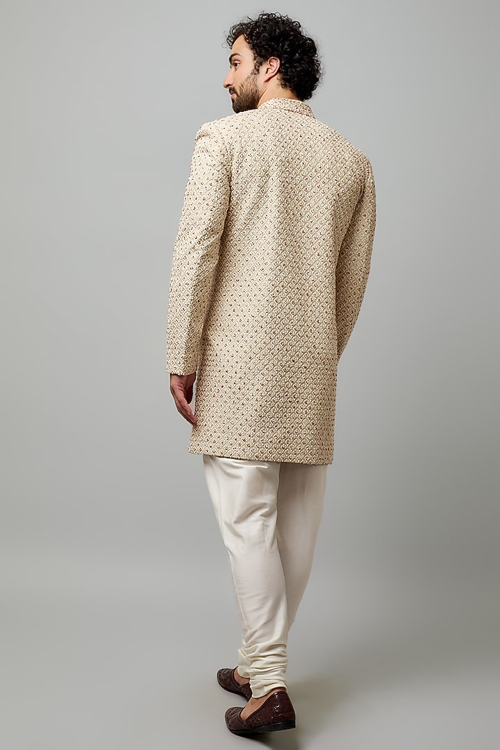 Beige Cotton Viscose Embroidered Groom Sherwani Set by Krishna Mehta Men at Pernia's Pop Up Shop