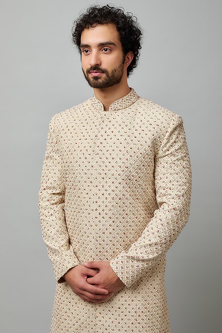 Beige Cotton Viscose Embroidered Groom Sherwani Set by Krishna Mehta Men at Pernia's Pop Up Shop
