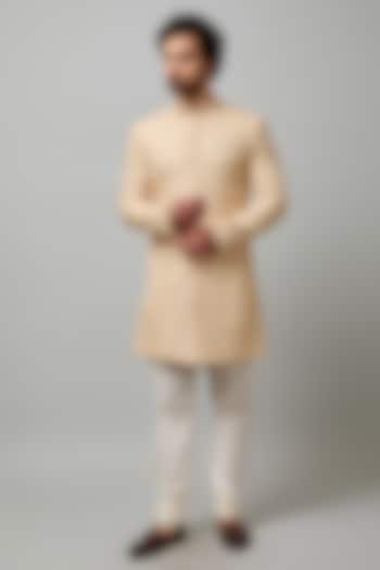 Beige Cotton Viscose Hand Embroidered Groom Sherwani Set by Krishna Mehta Men at Pernia's Pop Up Shop