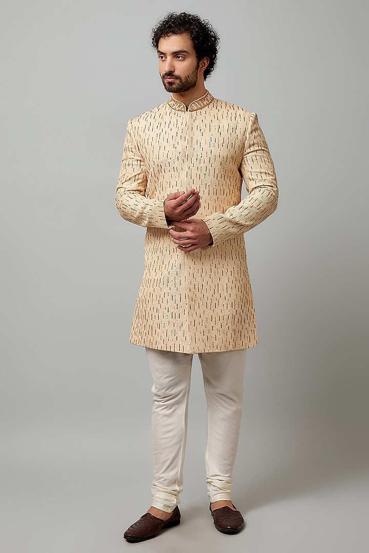 Beige Cotton Viscose Hand Embroidered Groom Sherwani Set by Krishna Mehta Men at Pernia's Pop Up Shop