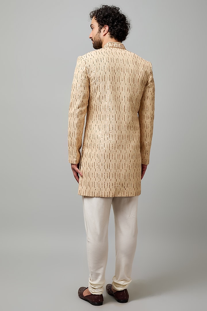 Beige Cotton Viscose Hand Embroidered Groom Sherwani Set by Krishna Mehta Men at Pernia's Pop Up Shop