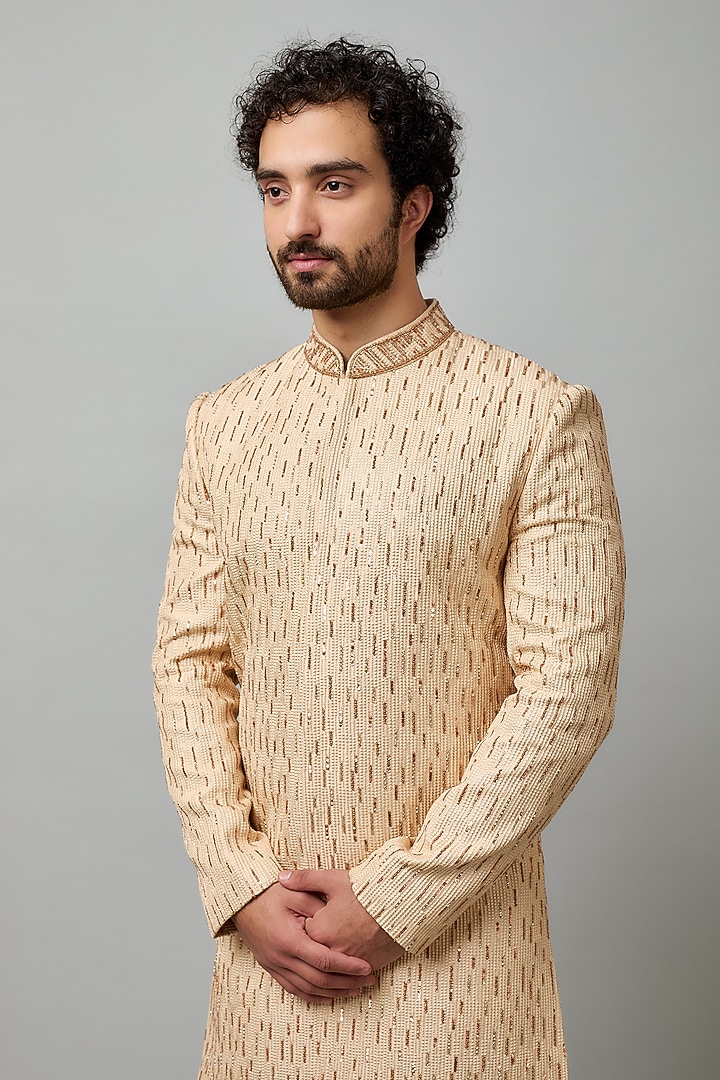 Beige Cotton Viscose Hand Embroidered Groom Sherwani Set by Krishna Mehta Men at Pernia's Pop Up Shop