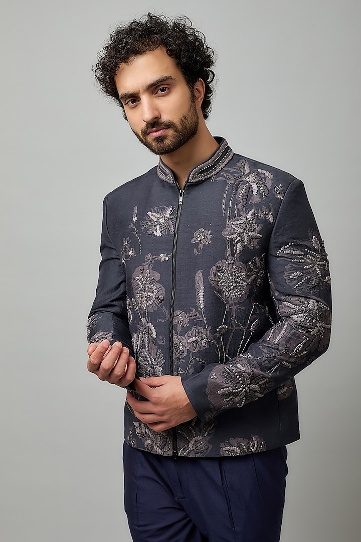 Indigo Cotton Viscose Hand Embroidered Bomber Jacket by Krishna Mehta Men