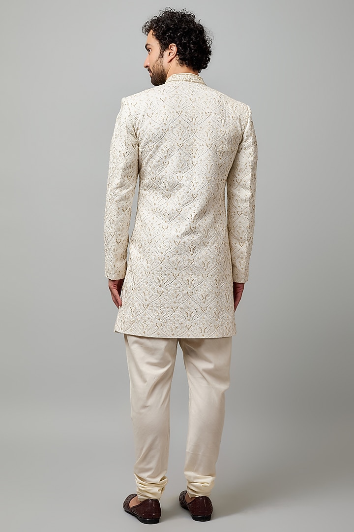 White Cotton Viscose Hand Embroidered Groom Sherwani Set by Krishna Mehta Men at Pernia's Pop Up Shop