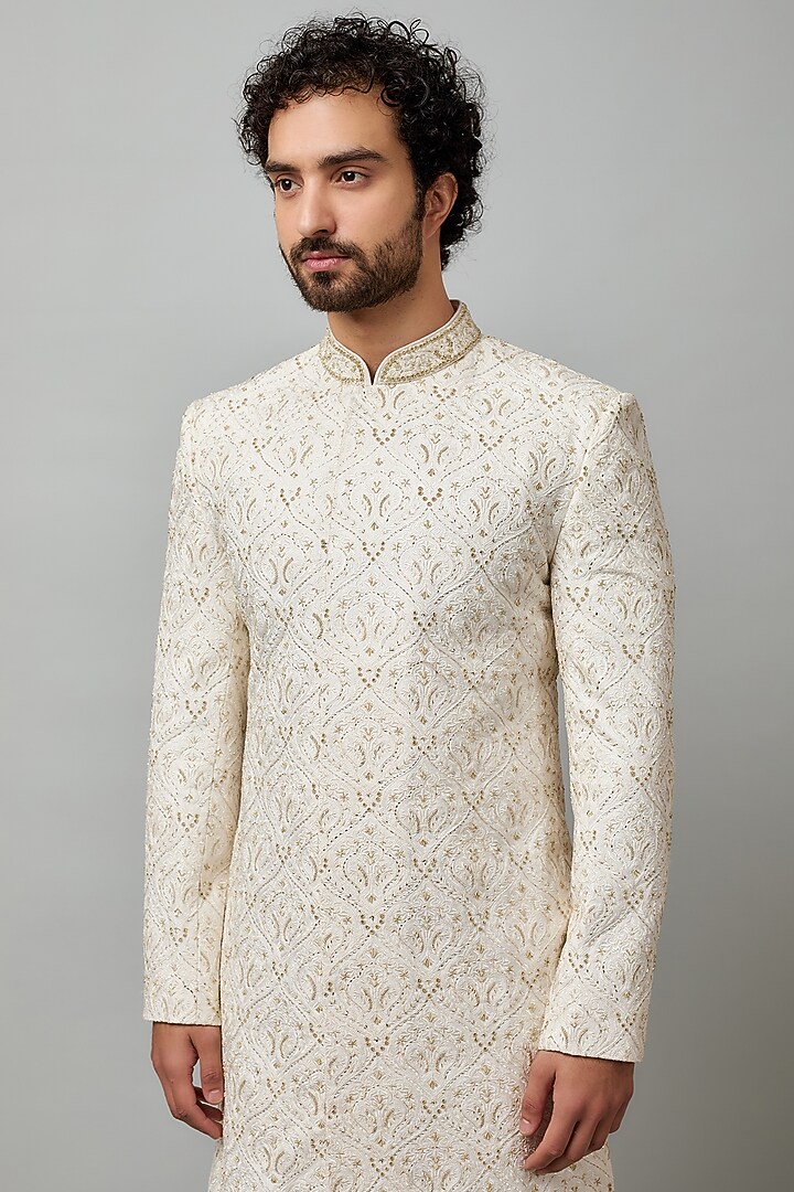 White Cotton Viscose Hand Embroidered Groom Sherwani Set by Krishna Mehta Men at Pernia's Pop Up Shop