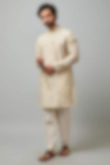 Beige Tussar Floral Jaal Embroidered Kurta Set by Krishna Mehta Men