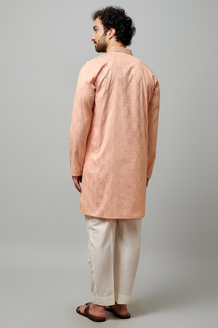 Peach Cotton Viscose Hand & Machine Embroidered Kurta Set by Krishna Mehta Men at Pernia's Pop Up Shop