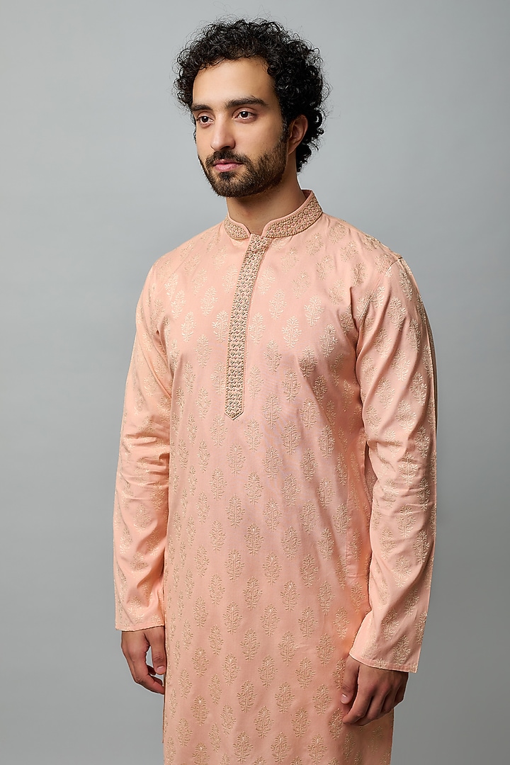 Peach Cotton Viscose Hand & Machine Embroidered Kurta Set by Krishna Mehta Men at Pernia's Pop Up Shop