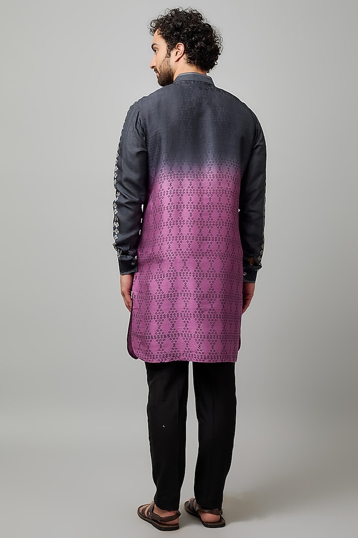 Black & Pink Shaded Tussar Block Printed Kurta Set by Krishna Mehta Men at Pernia's Pop Up Shop