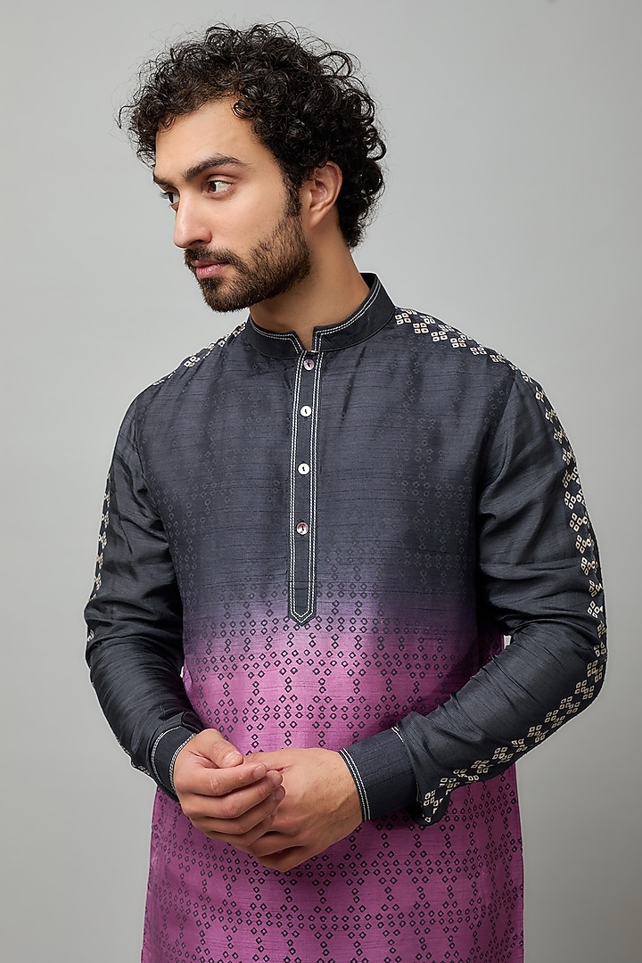 Black & Pink Shaded Tussar Block Printed Kurta Set by Krishna Mehta Men at Pernia's Pop Up Shop