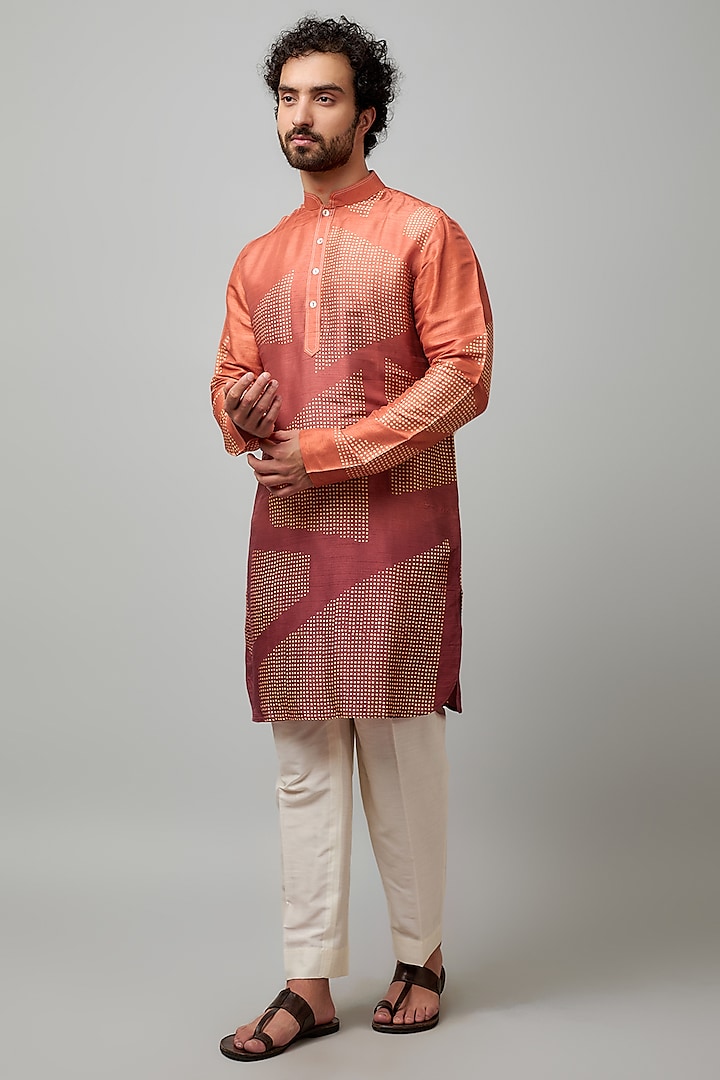 Orange Shaded Tussar Block Printed Kurta Set by Krishna Mehta Men