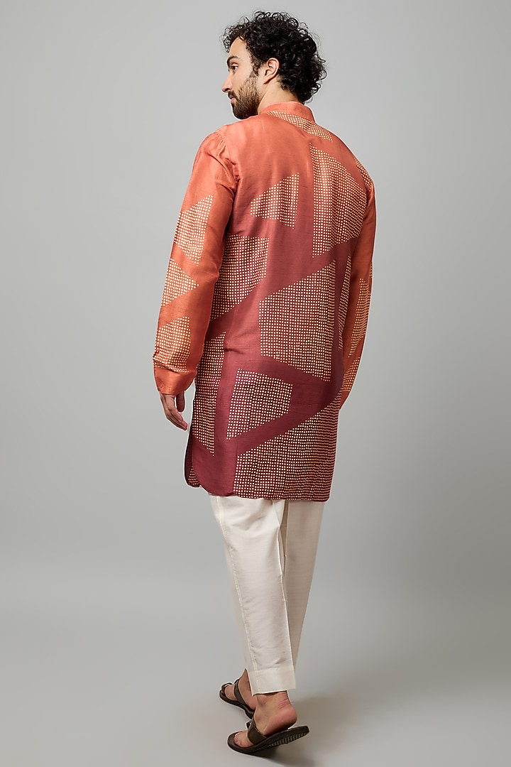 Orange Shaded Tussar Block Printed Kurta Set by Krishna Mehta Men at Pernia's Pop Up Shop
