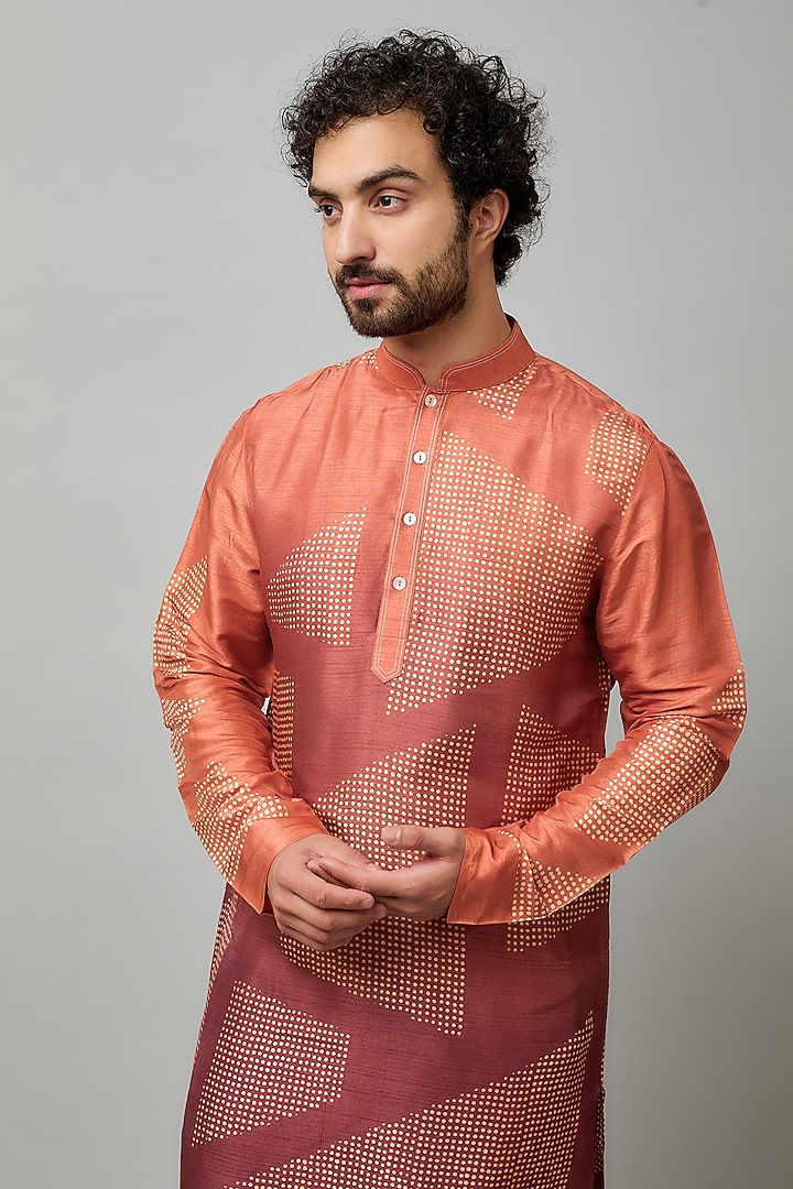 Orange Shaded Tussar Block Printed Kurta Set by Krishna Mehta Men at Pernia's Pop Up Shop