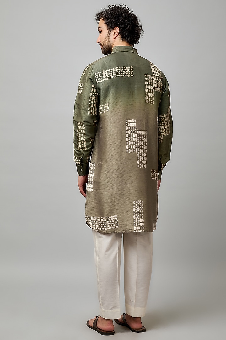 Olive Tussar Block Printed Kurta Set by Krishna Mehta Men at Pernia's Pop Up Shop