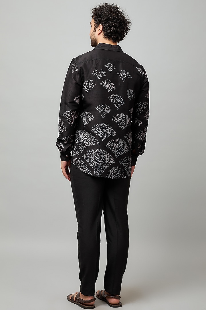 Black Tussar Hand Block Printed Party Wear Shirt by Krishna Mehta Men at Pernia's Pop Up Shop