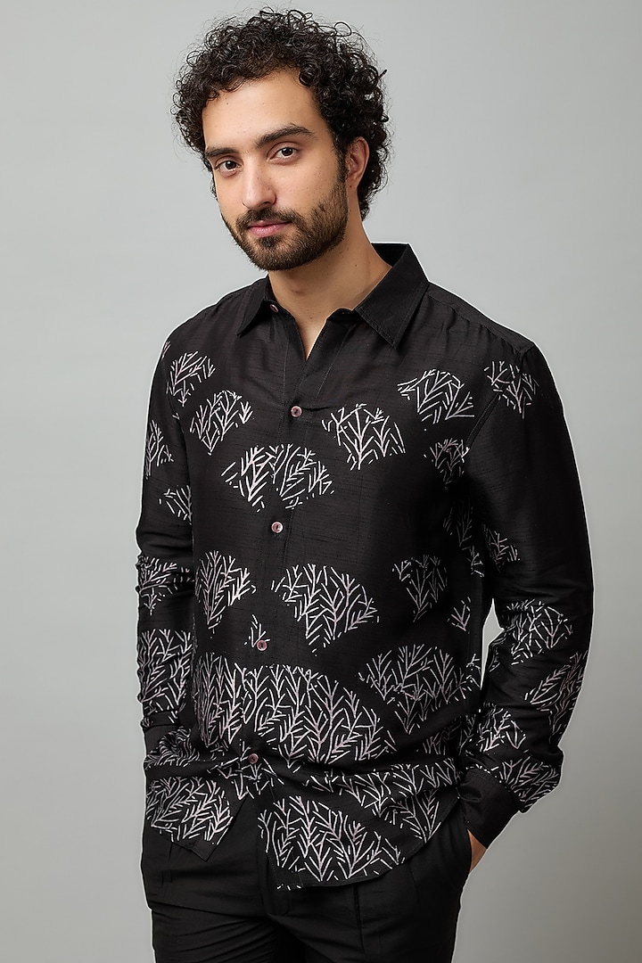 Black Tussar Hand Block Printed Party Wear Shirt by Krishna Mehta Men at Pernia's Pop Up Shop