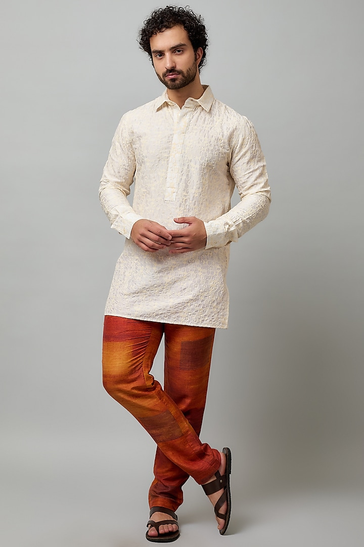 Off-White Cotton Viscose Motif Embroidered Kurta by Krishna Mehta Men