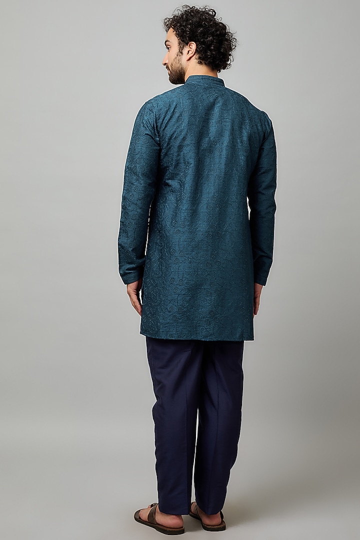 Indigo Tussar Thread Embroidered Kurta by Krishna Mehta Men at Pernia's Pop Up Shop