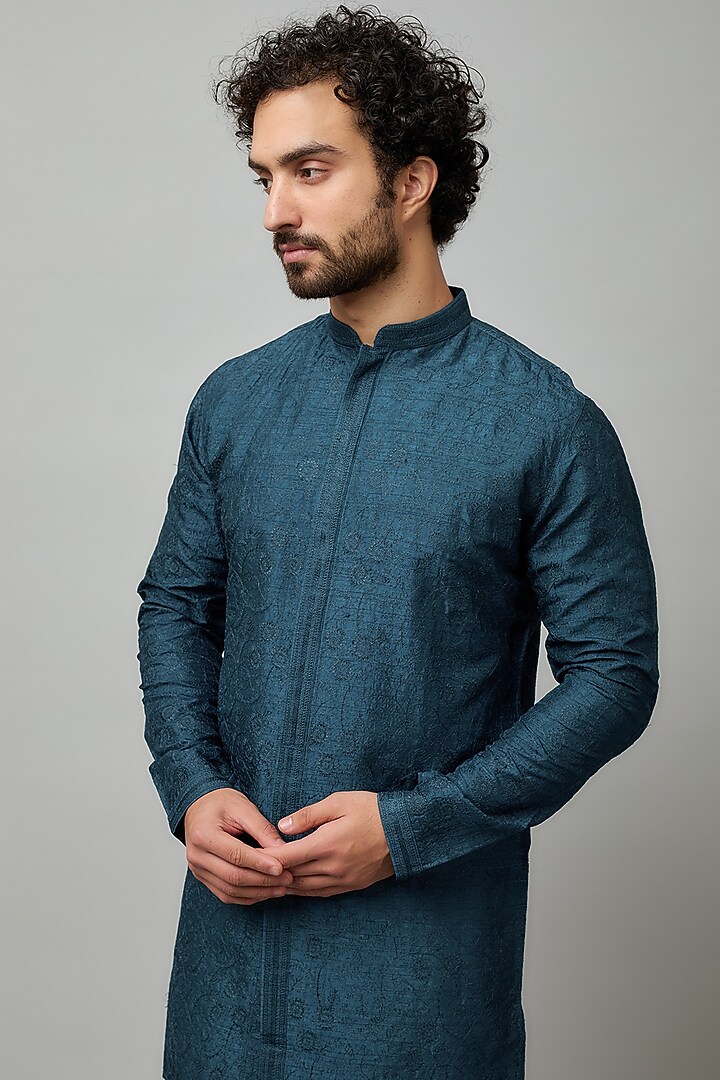 Indigo Tussar Thread Embroidered Kurta by Krishna Mehta Men at Pernia's Pop Up Shop