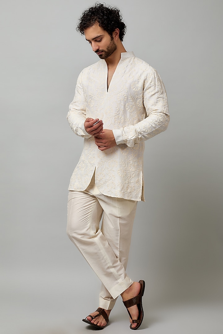 White Cotton Viscose Thread Embroidered Short Kurta by Krishna Mehta Men