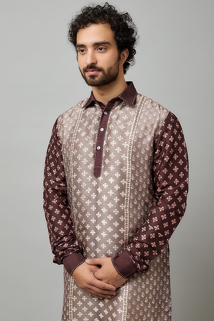 Grey & Maroon Tussar Block Printed Kurta Set by Krishna Mehta Men at Pernia's Pop Up Shop