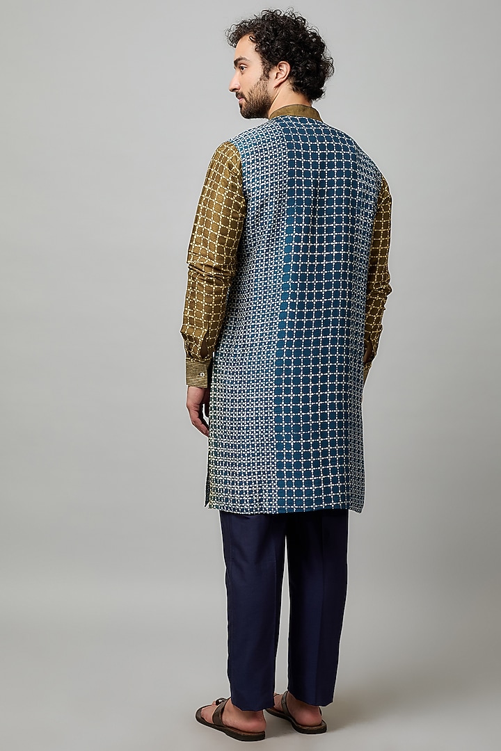 Indigo & Olive Tussar Block Printed Kurta Set by Krishna Mehta Men at Pernia's Pop Up Shop