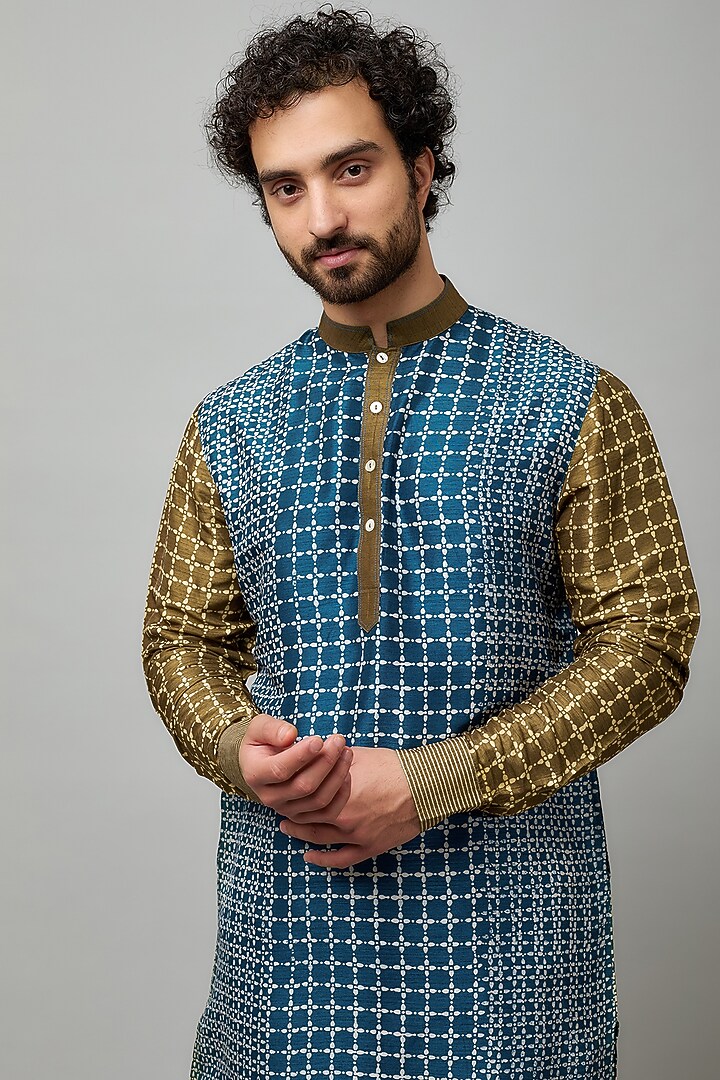 Indigo & Olive Tussar Block Printed Kurta Set by Krishna Mehta Men at Pernia's Pop Up Shop