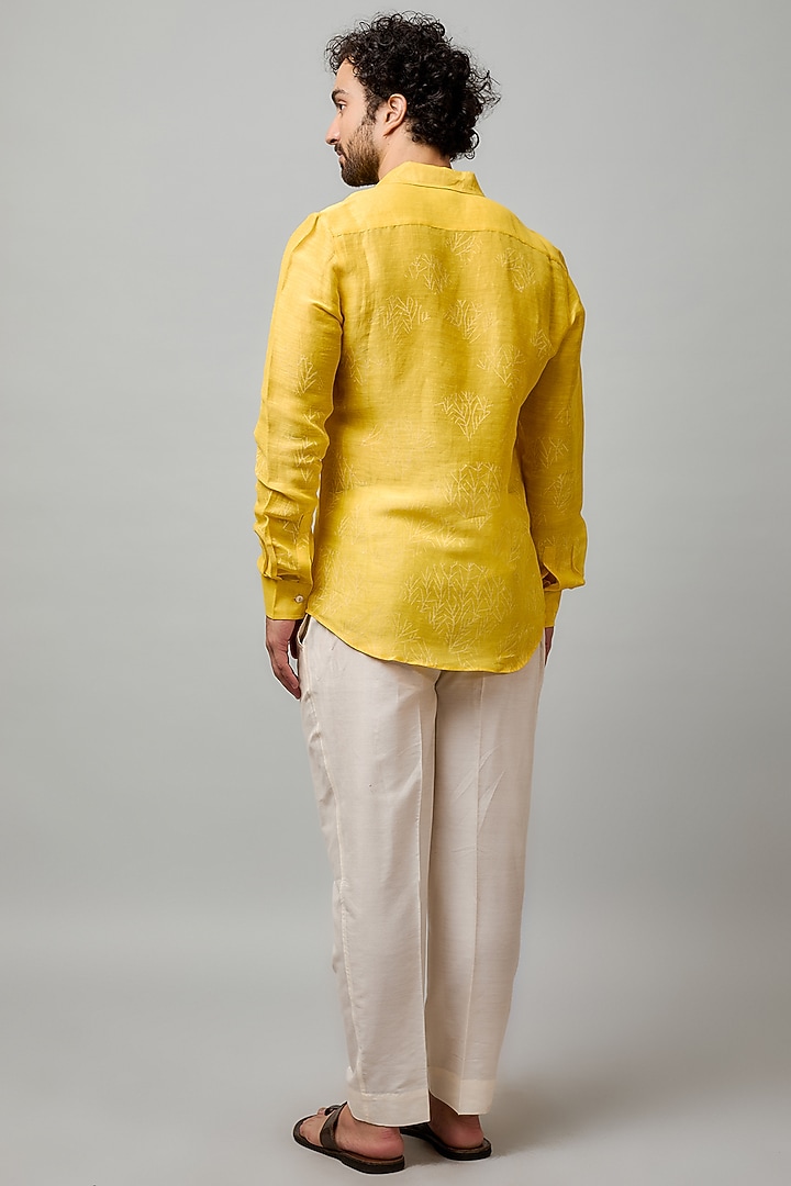 Yellow Tussar Hand Block Printed Party Wear Shirt by Krishna Mehta Men at Pernia's Pop Up Shop