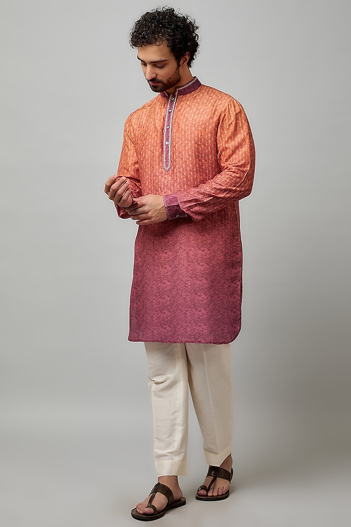 Orange Tussar Geometric Textured Printed Kurta Set by Krishna Mehta Men