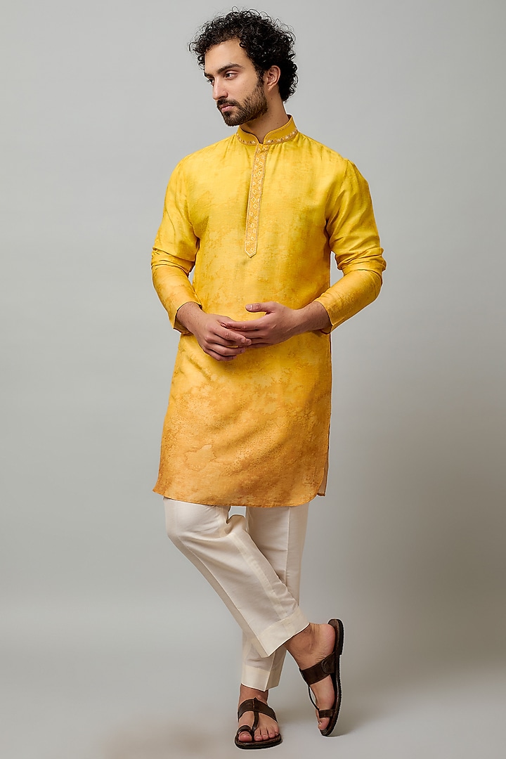 Yellow Tussar Embroidered & Printed Kurta Set by Krishna Mehta Men