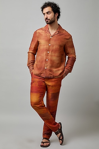 Orange Cotton Viscose Printed Shirt by Krishna Mehta Men