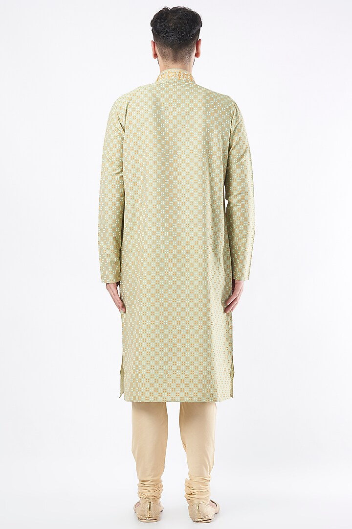 Olive Green Viscose Cotton Mirror Work & Block Printed Kurta Set by Krishna Mehta Men at Pernia's Pop Up Shop