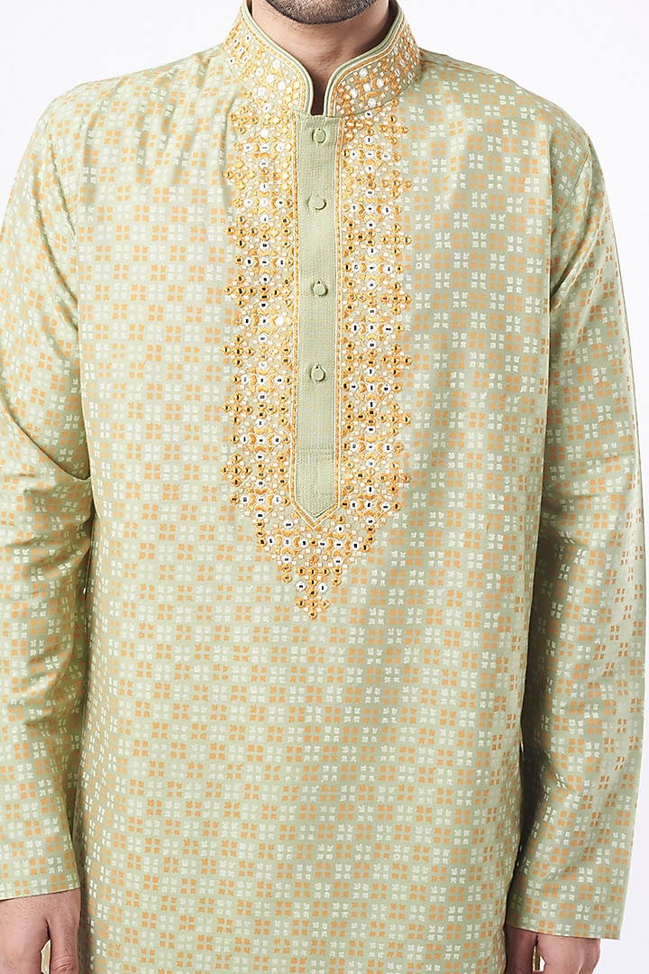 Olive Green Viscose Cotton Mirror Work & Block Printed Kurta Set by Krishna Mehta Men at Pernia's Pop Up Shop