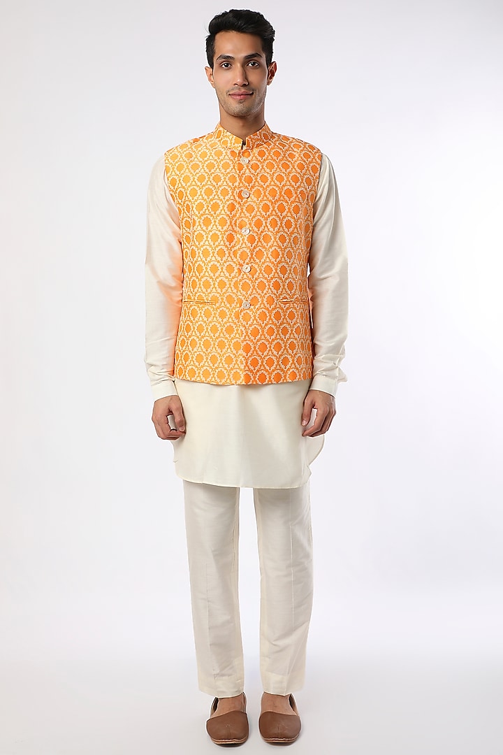 Orange Bundi Jacket With Kurta Set by Krishna Mehta Men